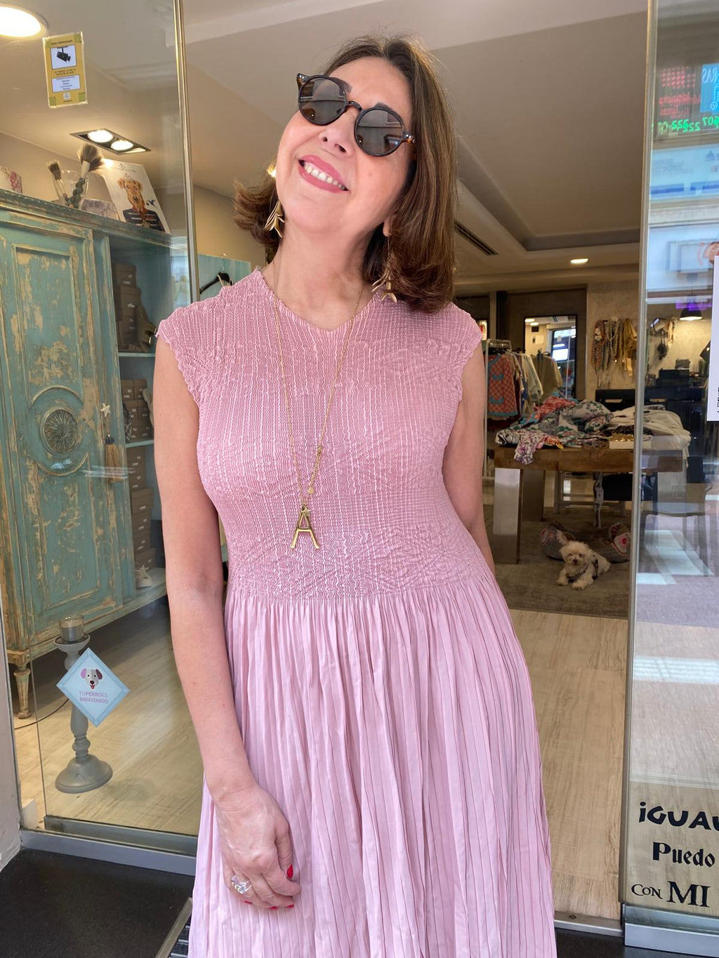 Vestido cuerpo nido abeja falda plisada DONDOLA