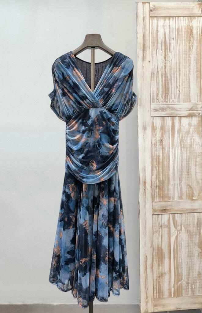 Vestido tul tonos azules y camel drapeado cintura DONDOLA