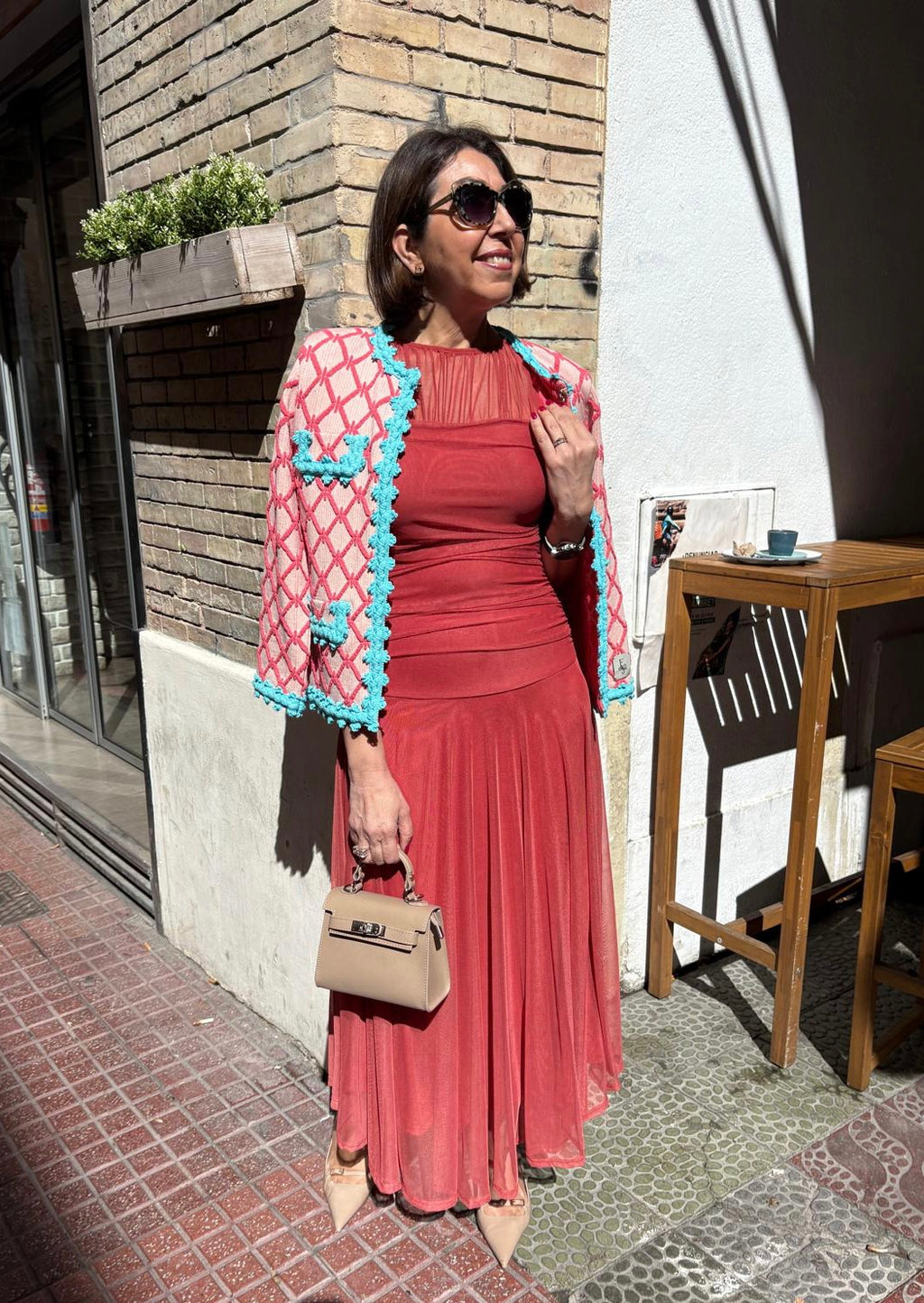 Vestido tul liso escote transparente drapeado cintura DONDOLA