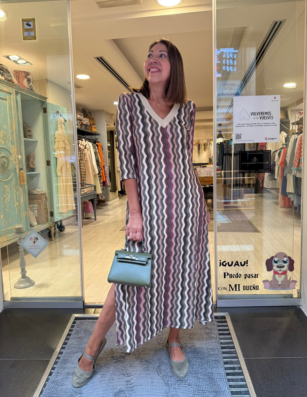 Vestido punto seda zig zag escote pico lúrex DONDOLA