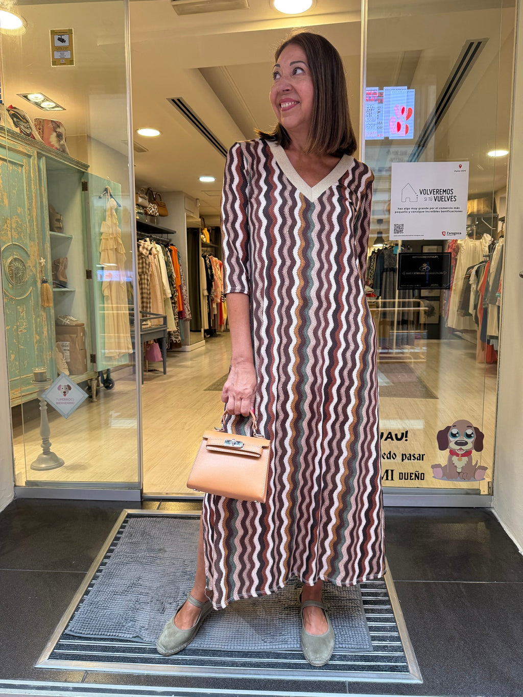 Vestido punto seda zig zag escote pico lúrex DONDOLA