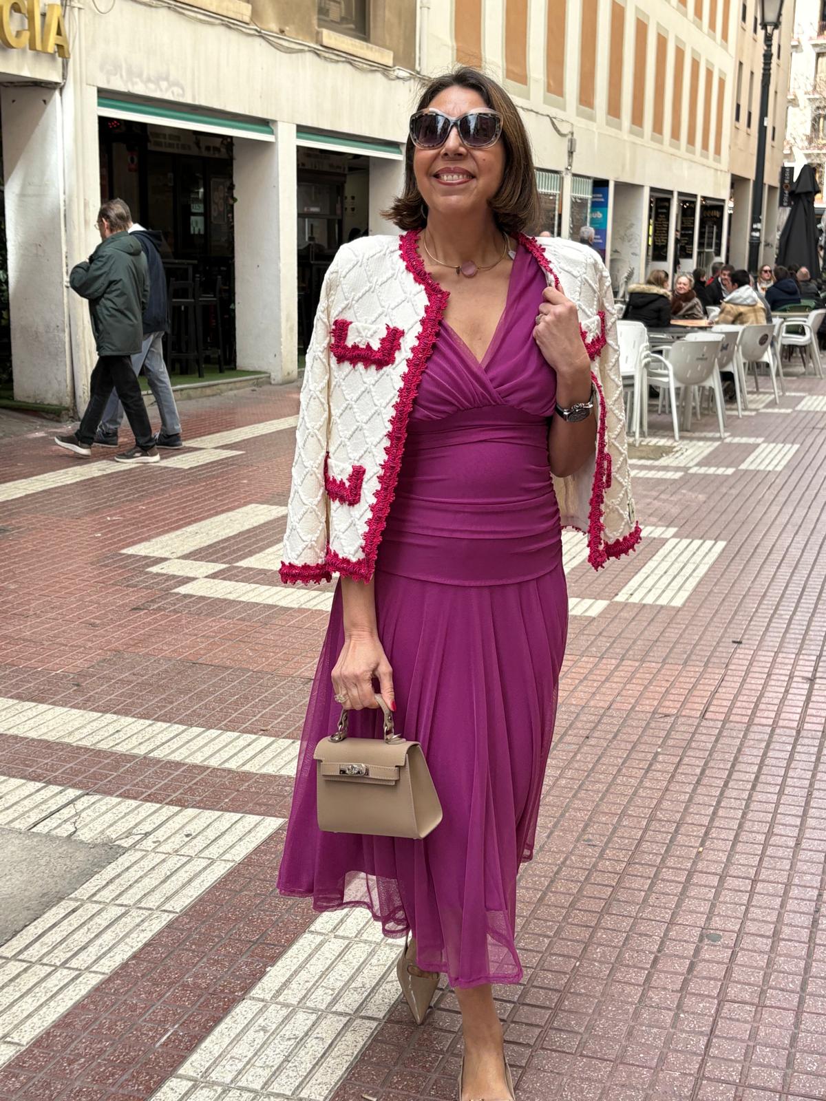 Vestido tul liso escote pico drapeado cintura DONDOLA