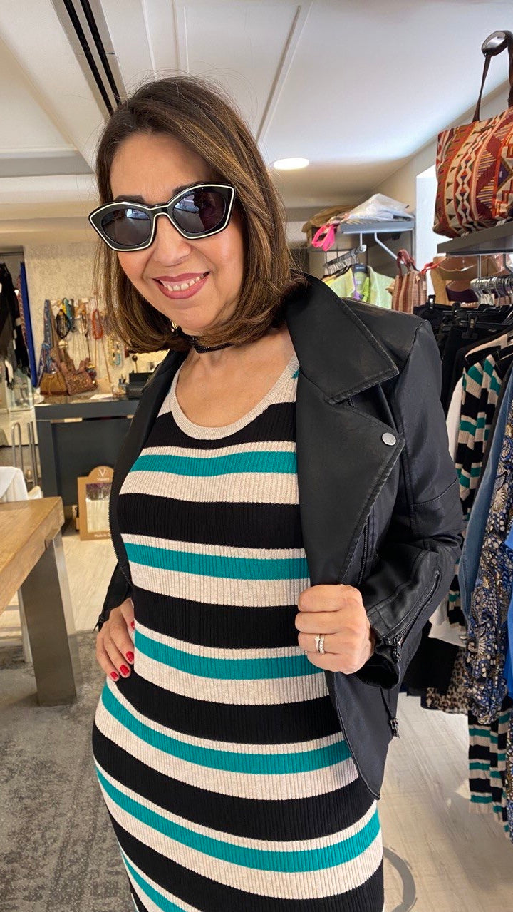 Vestido punto rayas combinadas verde negro “IHMAFA” ICHI