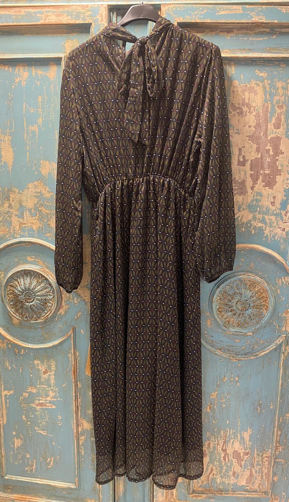 Vestido gasa en kaki lúrex corte bajo pecho DONDOLA