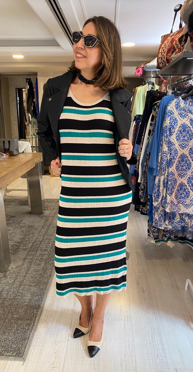 Vestido punto rayas combinadas verde negro “IHMAFA” ICHI