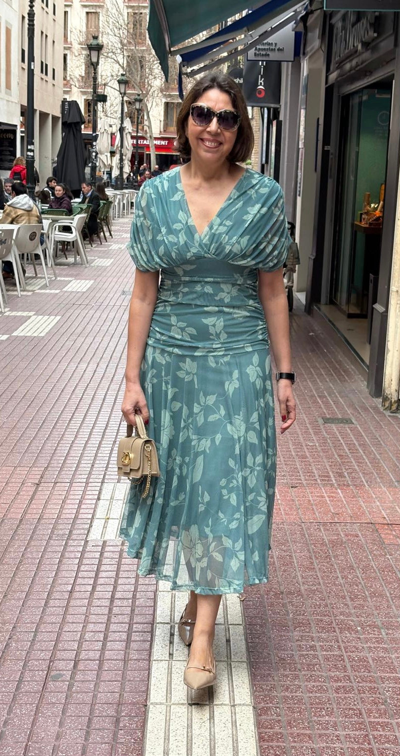 Vestido tul estampado floral escote pico DONDOLA