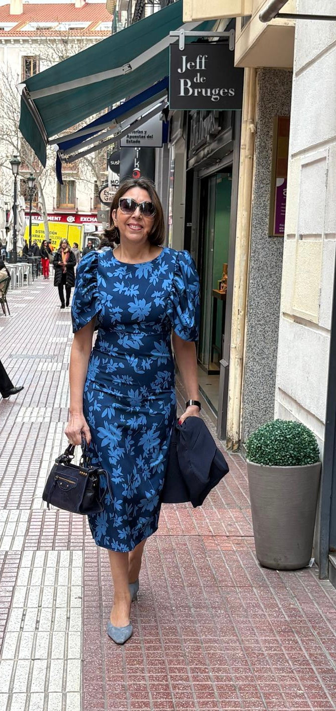 Vestido satinado floral mangas abullonadas DONDOLA