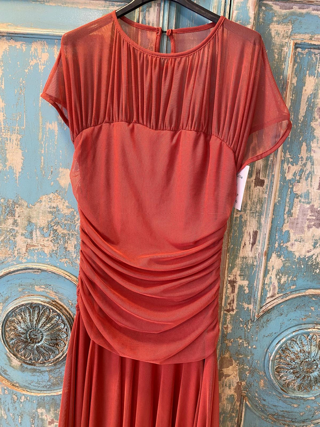 Vestido tul liso escote transparente drapeado cintura DONDOLA