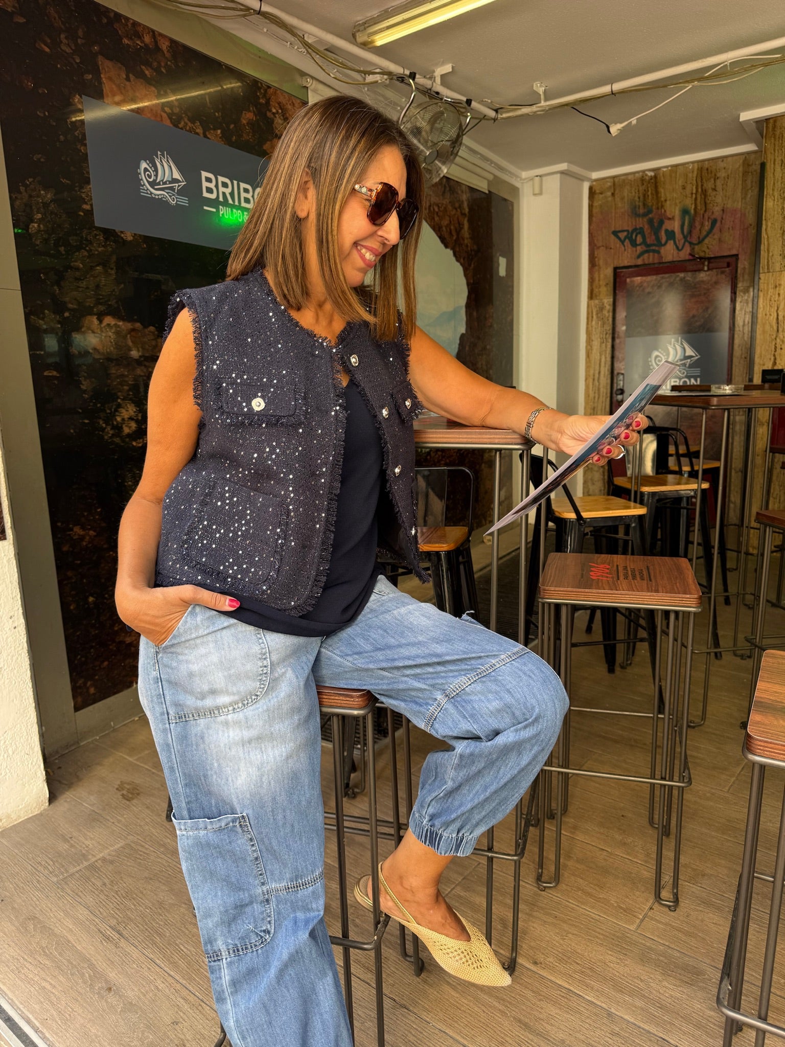 Chaleco tweed marino lentejuelas DONDOLA