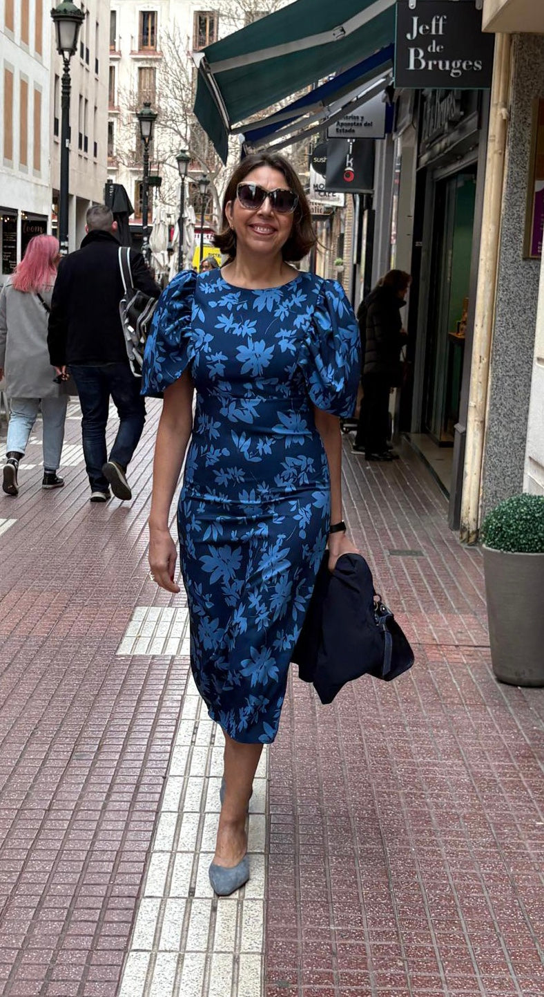 Vestido satinado floral mangas abullonadas DONDOLA