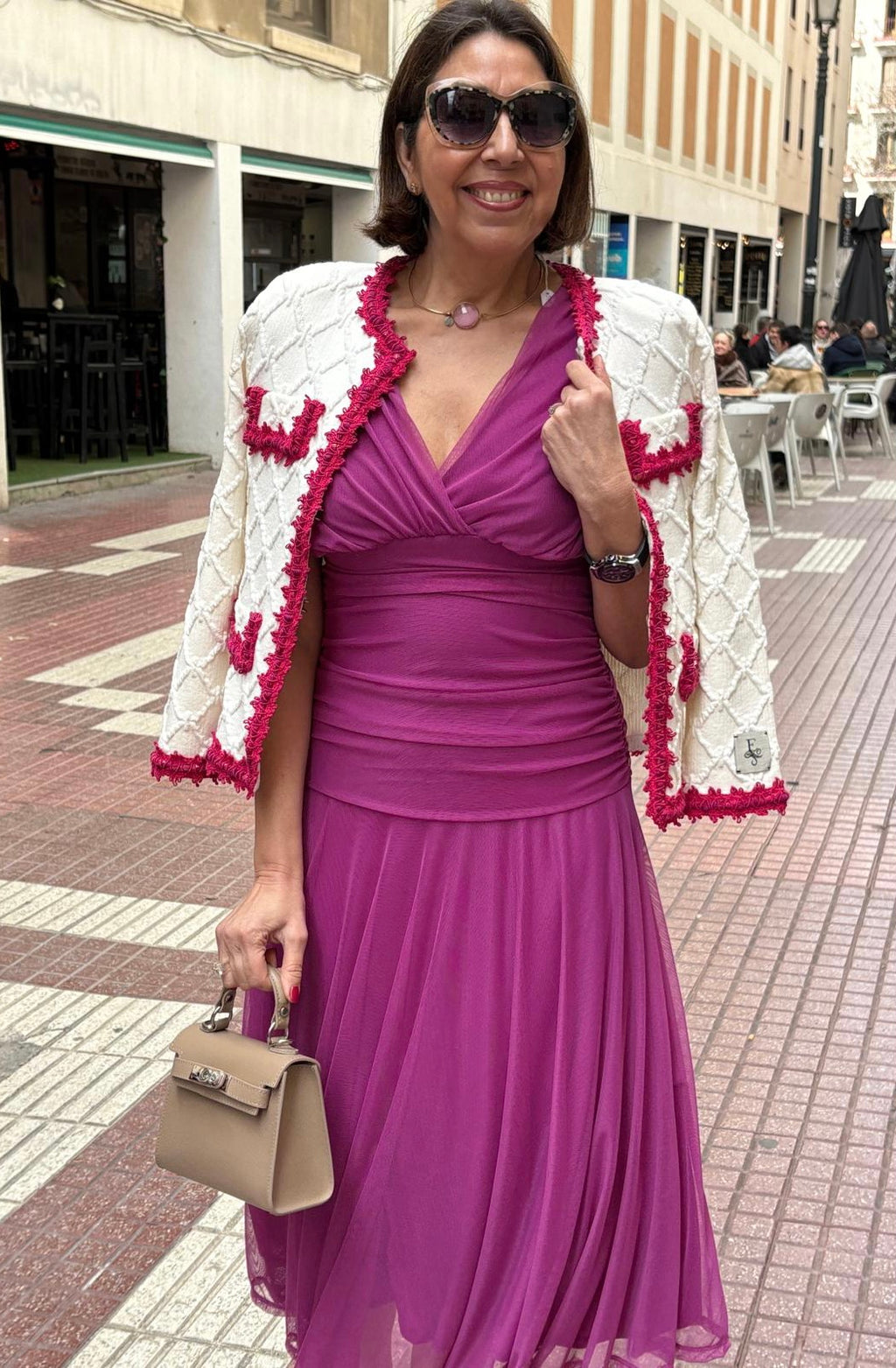 Vestido tul liso escote pico drapeado cintura DONDOLA