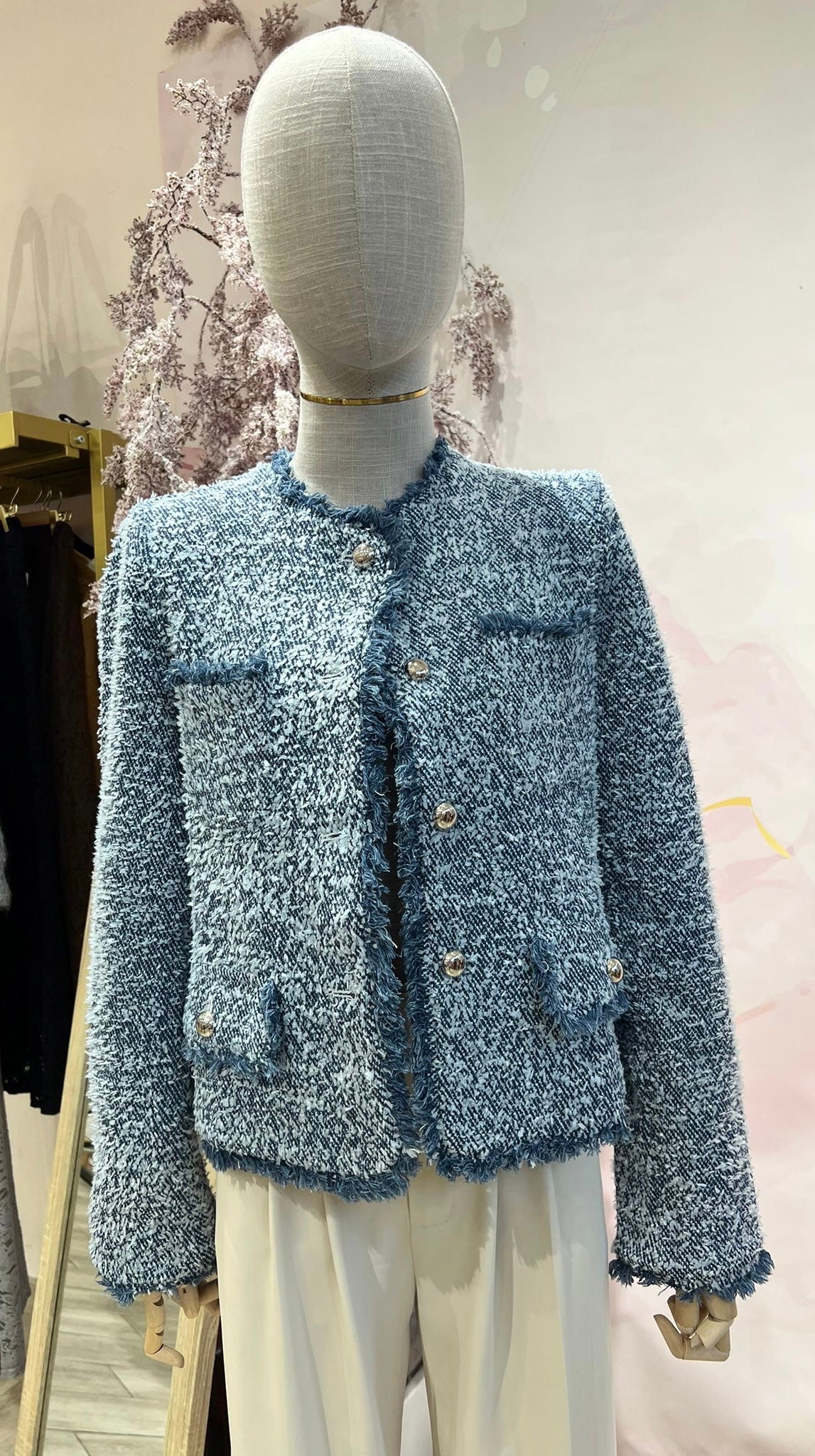 Chequeta tweed azul desflecado botones plateados DONDOLA