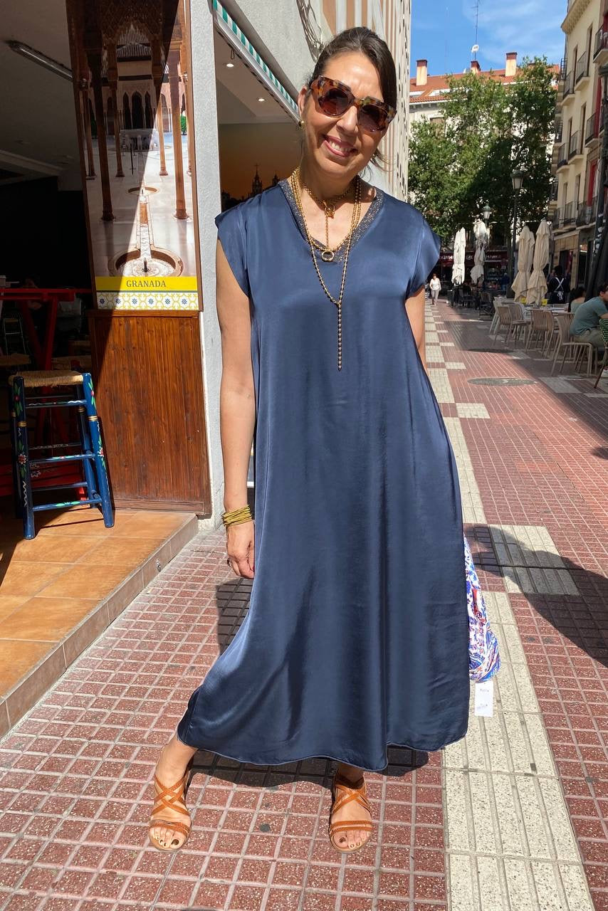 Vestido largo satinado cuello lúrex DONDOLA