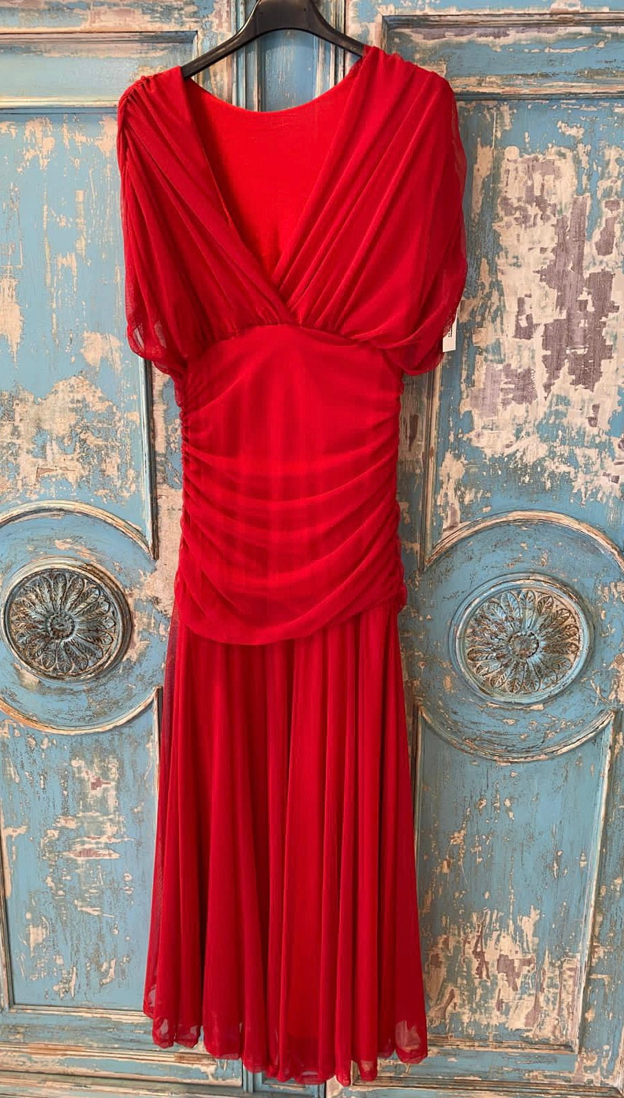 Vestido tul liso escote pico drapeado cintura DONDOLA