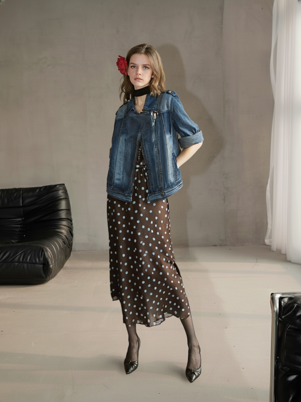 Falda Midi Lunares con Cintura Elástica