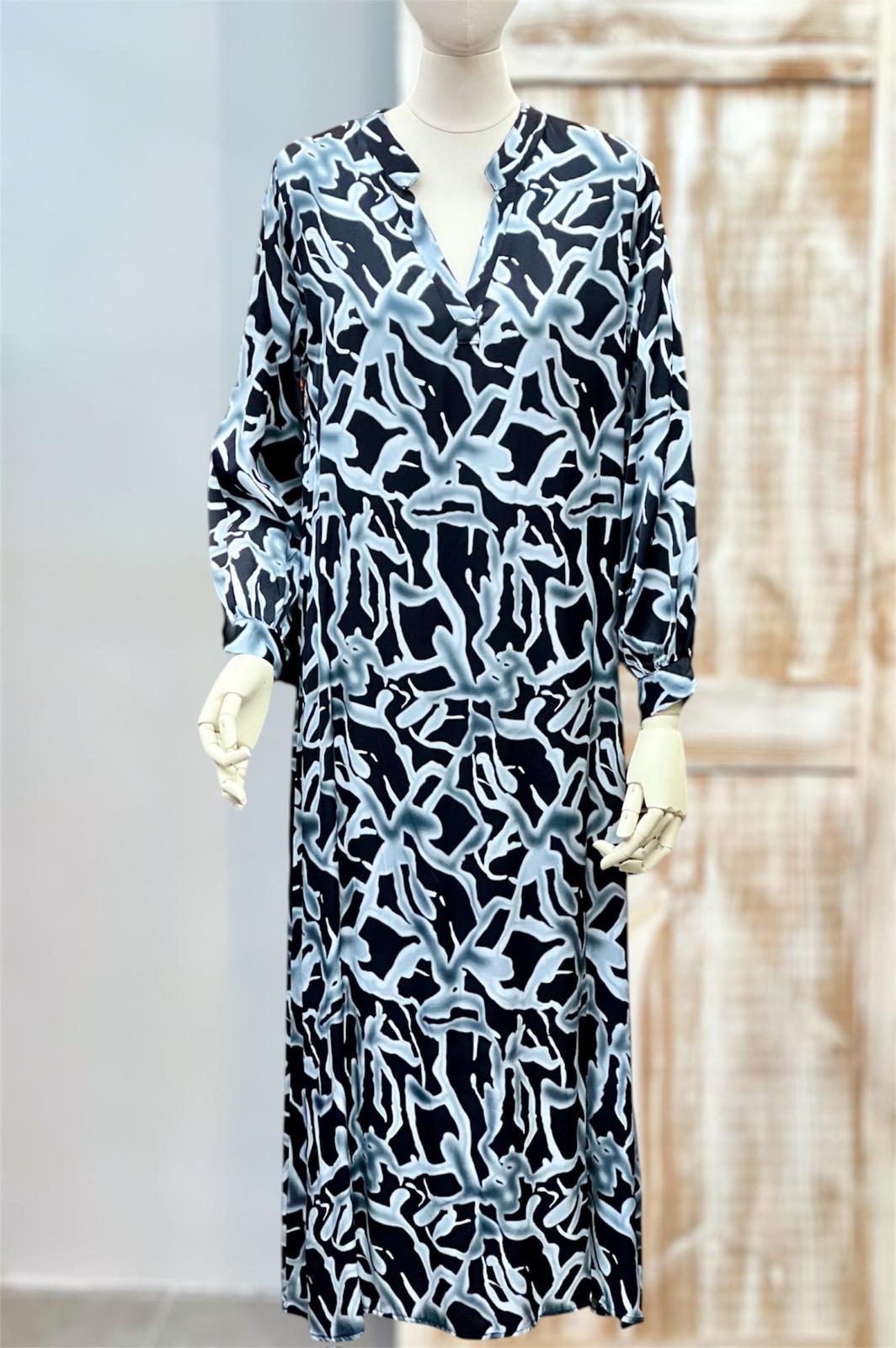 Vestido túnica satinado escote pico trazos DONDOLA