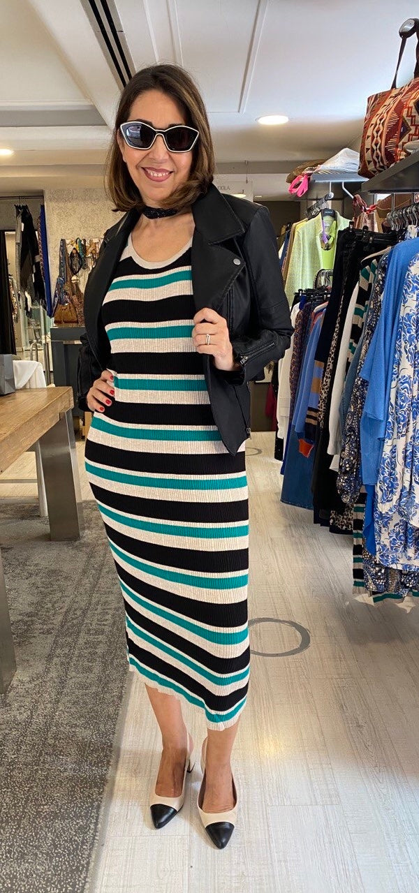 Vestido punto rayas combinadas verde negro “IHMAFA” ICHI