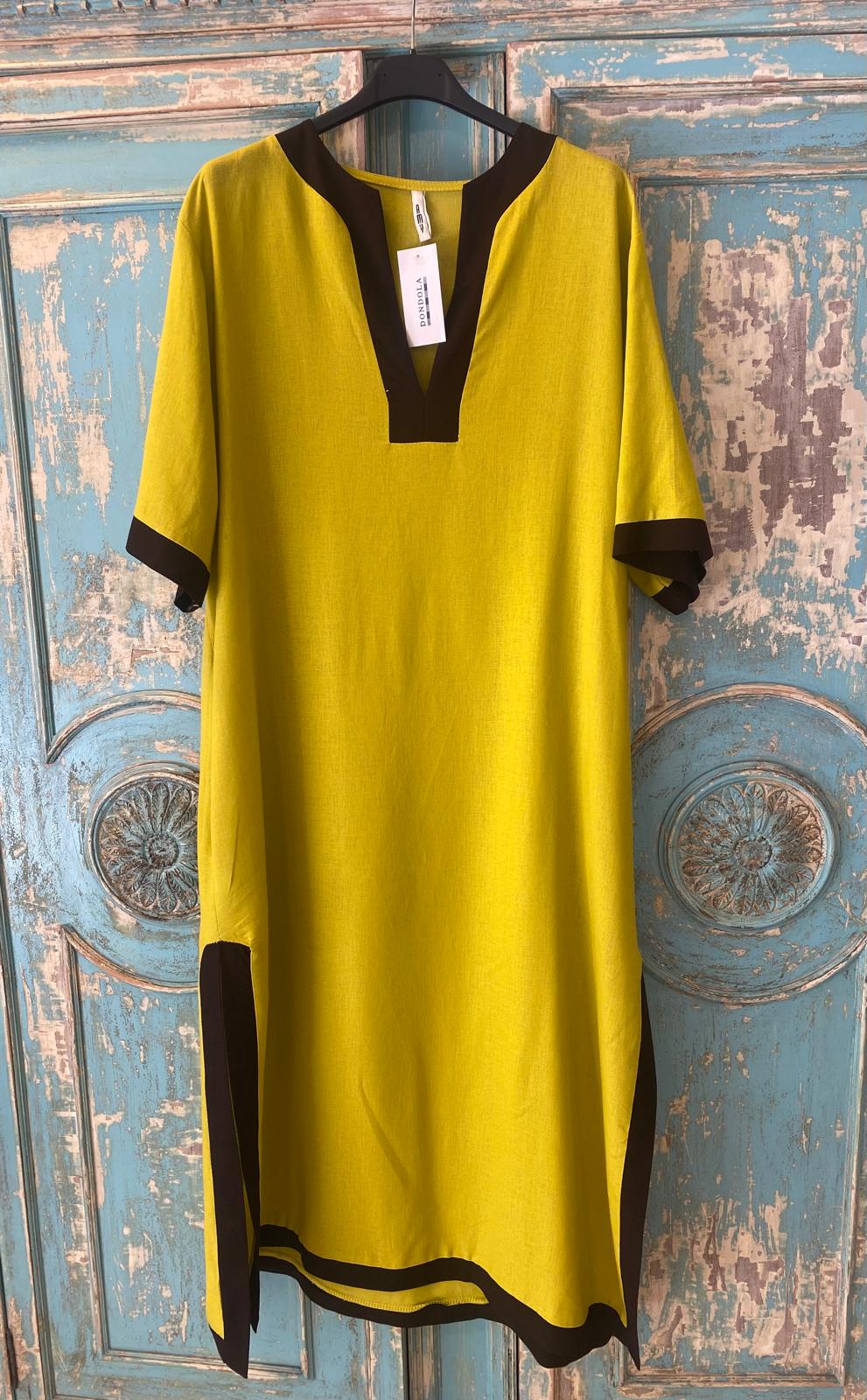 Vestido túnica escote pico combinado lino DONDOLA