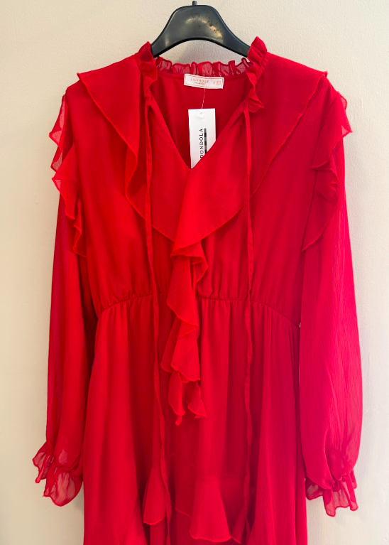 Vestido Largo Corte Cintura Con Volante Central
