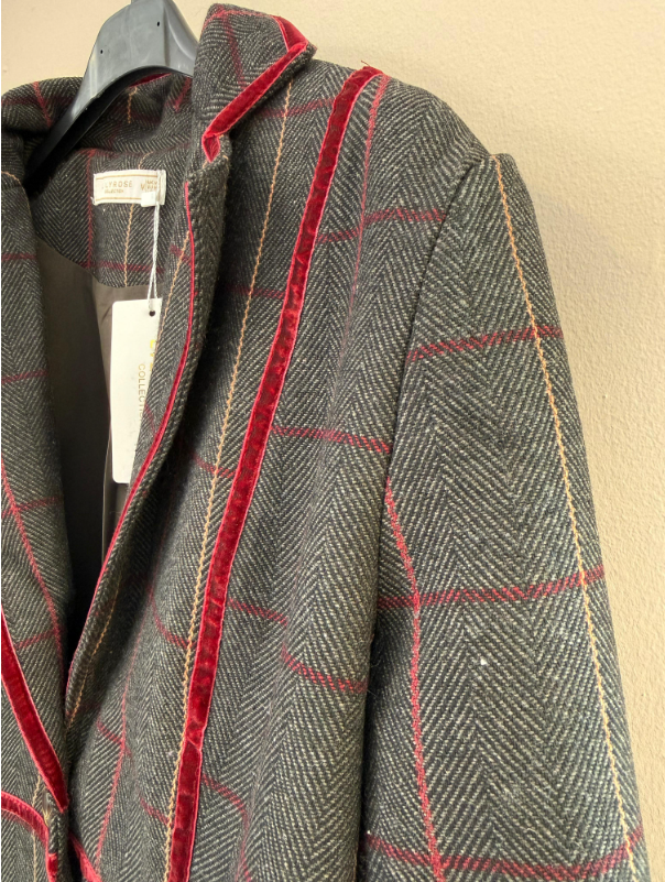 Blazer Entallado Tartán Con Ribetes Burdeos