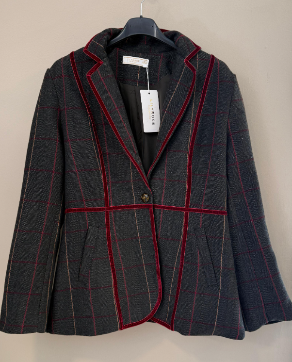 Blazer Entallado Tartán Con Ribetes Burdeos