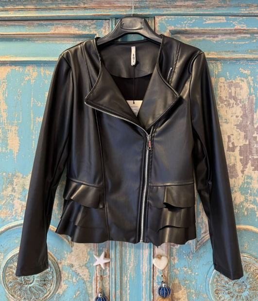 Chaqueta Biker Con Volantes Efecto Piel