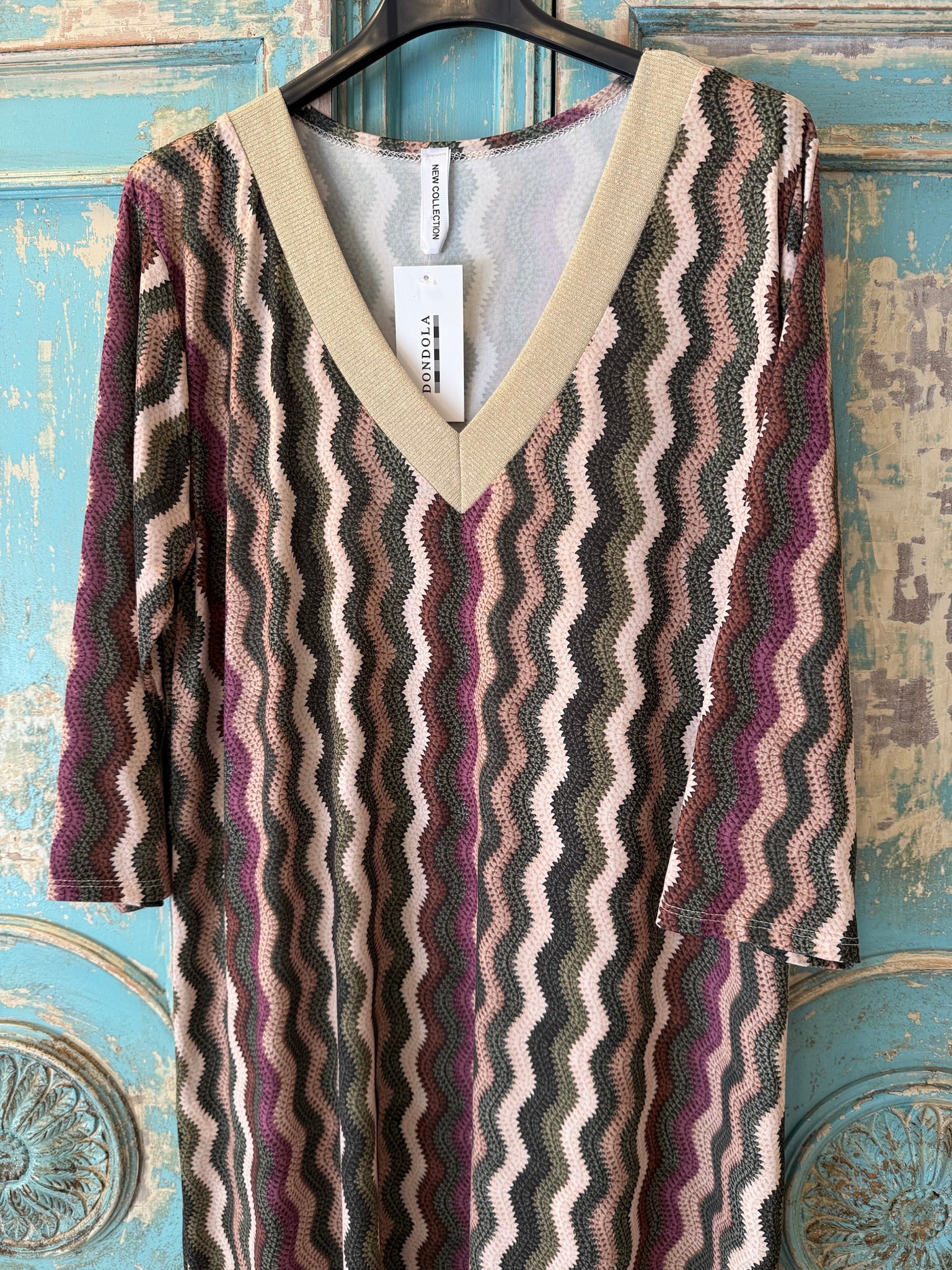 Vestido punto seda zig zag escote pico lúrex DONDOLA