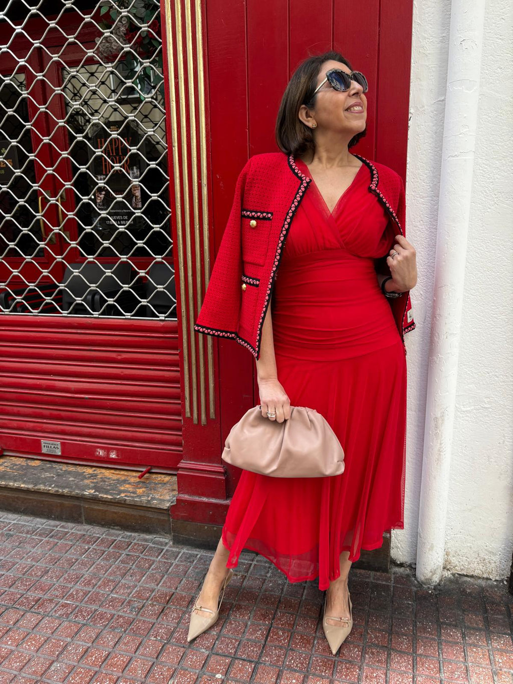 Vestido tul liso escote pico drapeado cintura DONDOLA