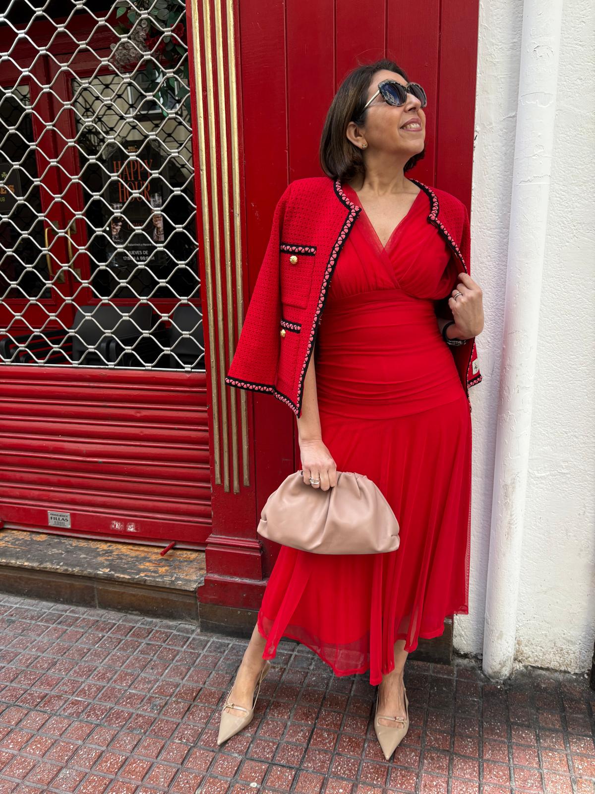 Vestido tul liso escote pico drapeado cintura DONDOLA