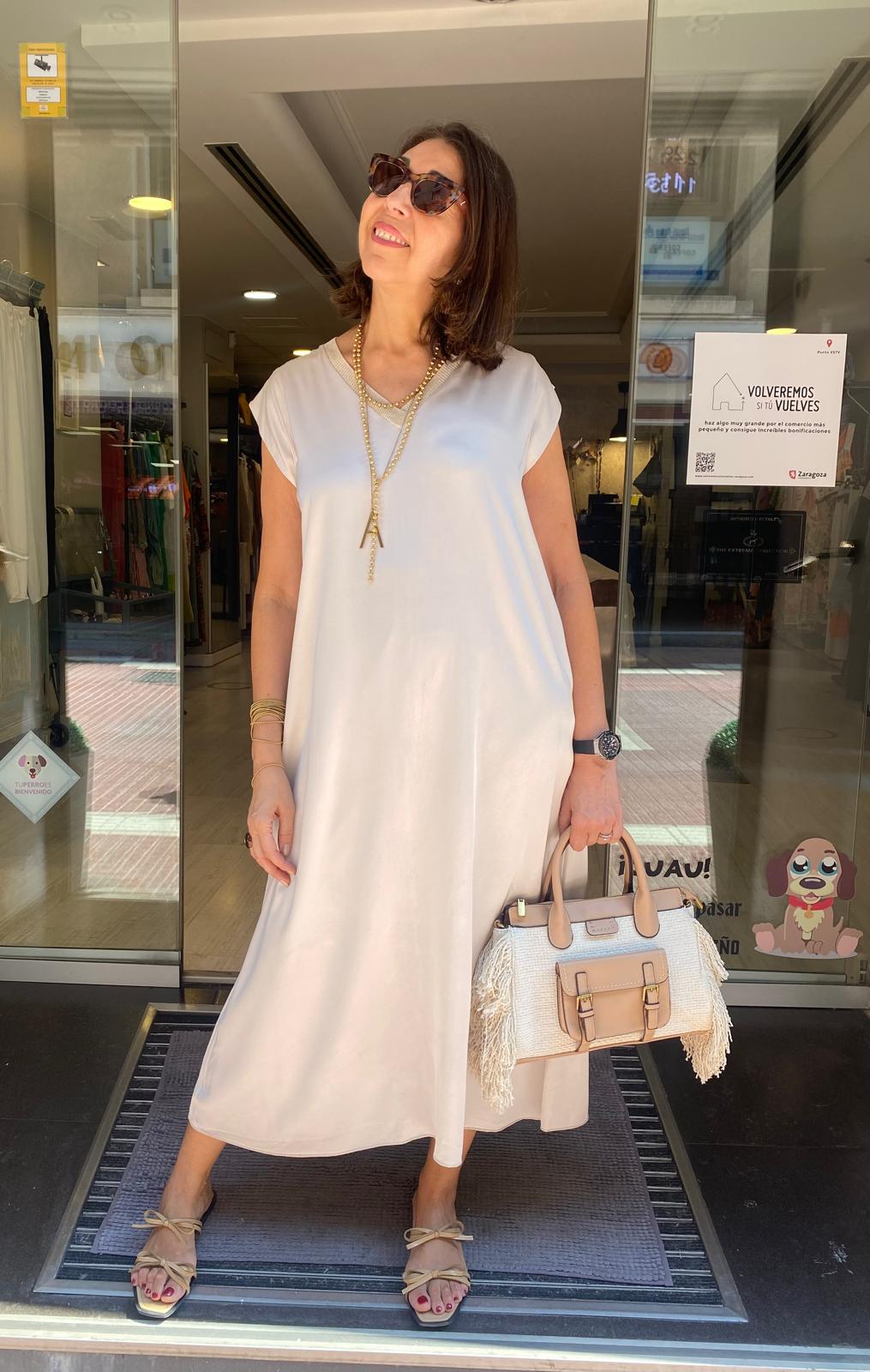 Vestido largo satinado cuello lúrex DONDOLA