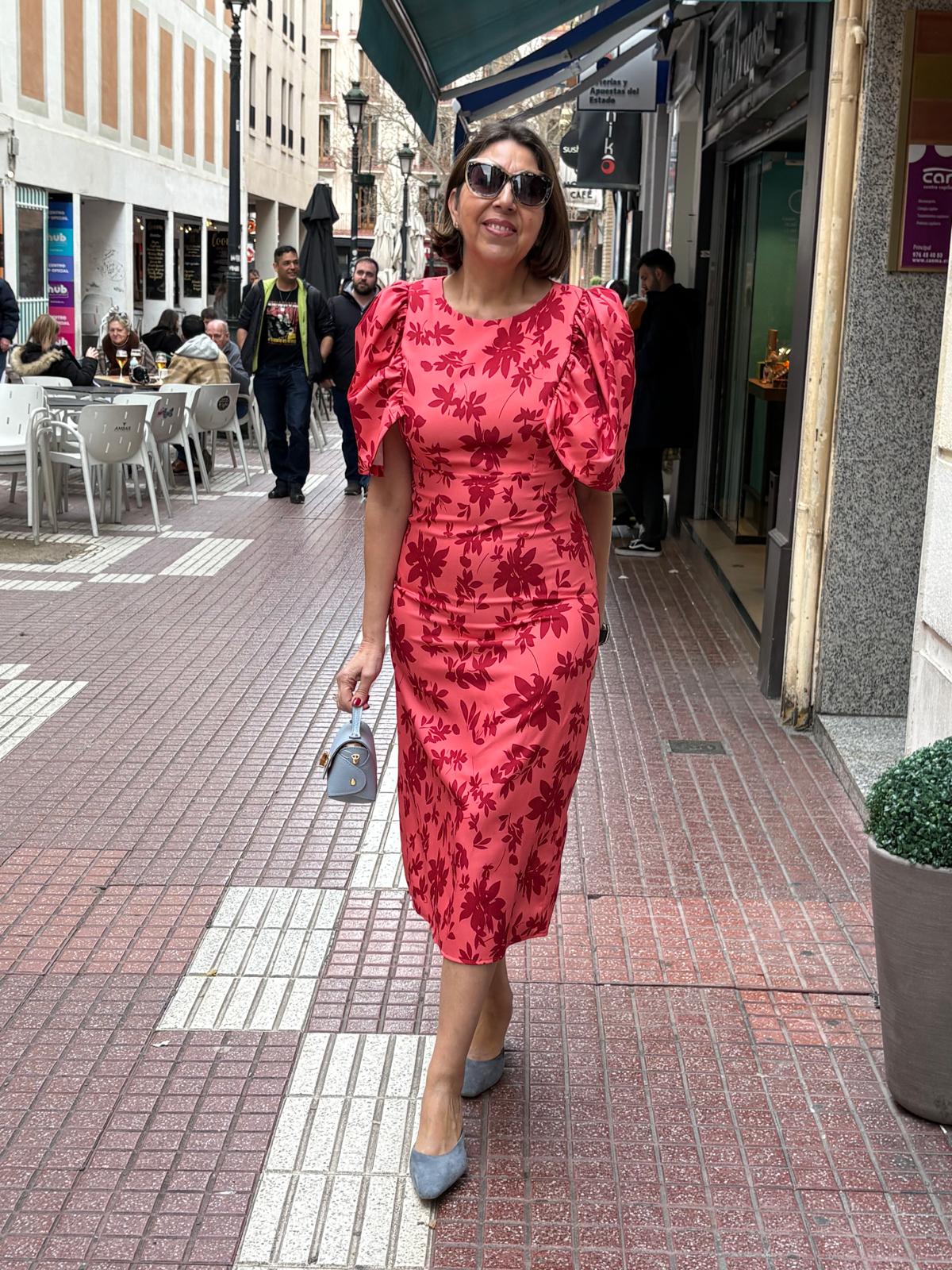 Vestido satinado floral mangas abullonadas DONDOLA