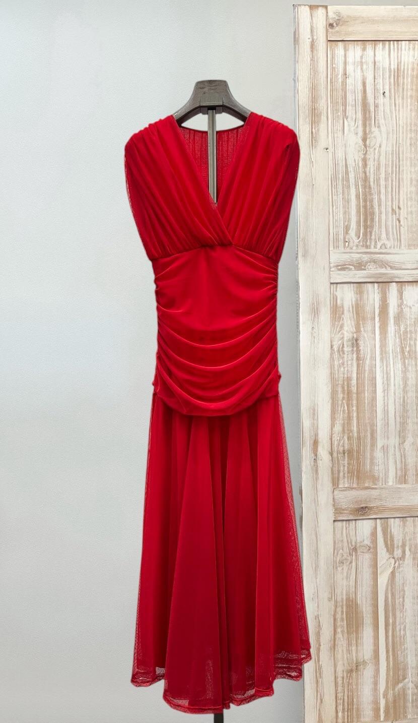 Vestido tul liso escote pico drapeado cintura DONDOLA