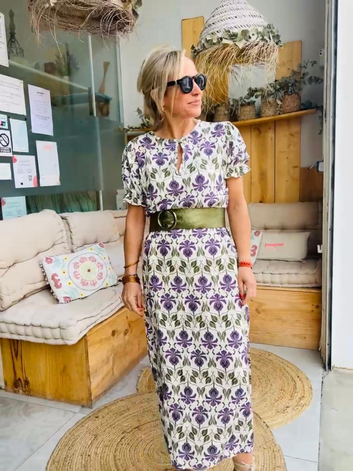 Vestido print hojas manga acabada en volante DONDOLA