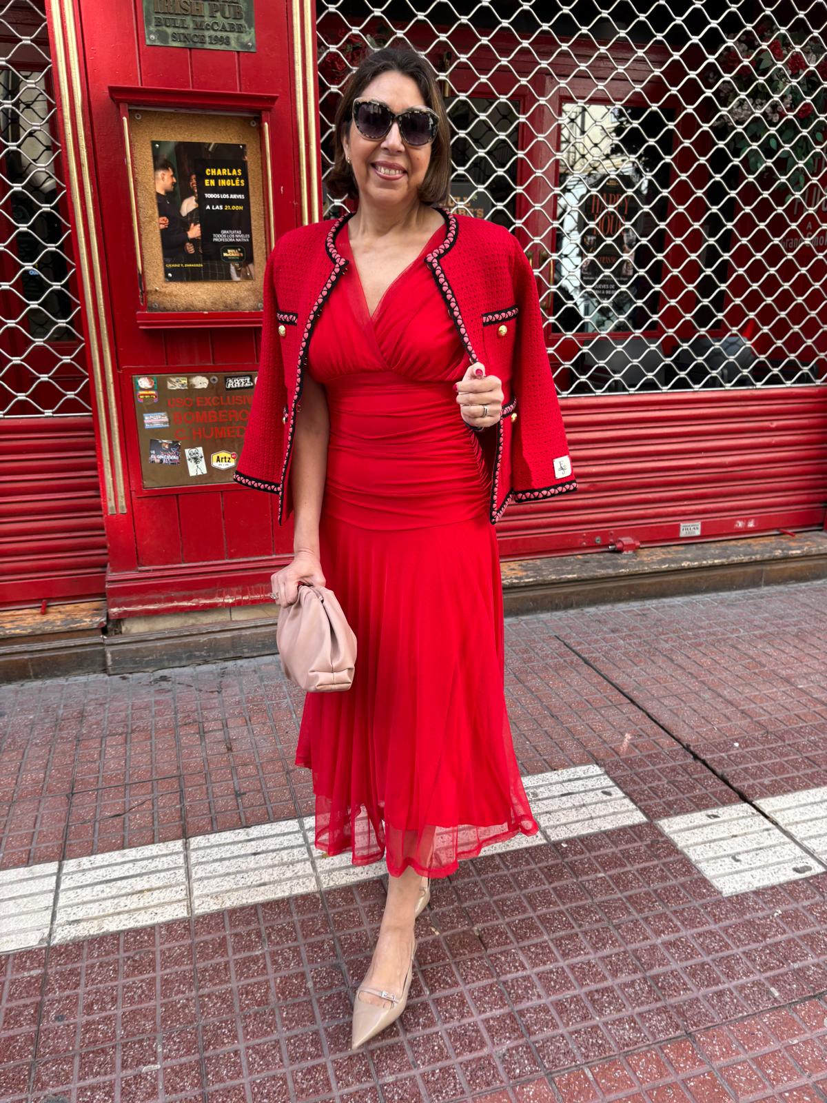 Vestido tul liso escote pico drapeado cintura DONDOLA