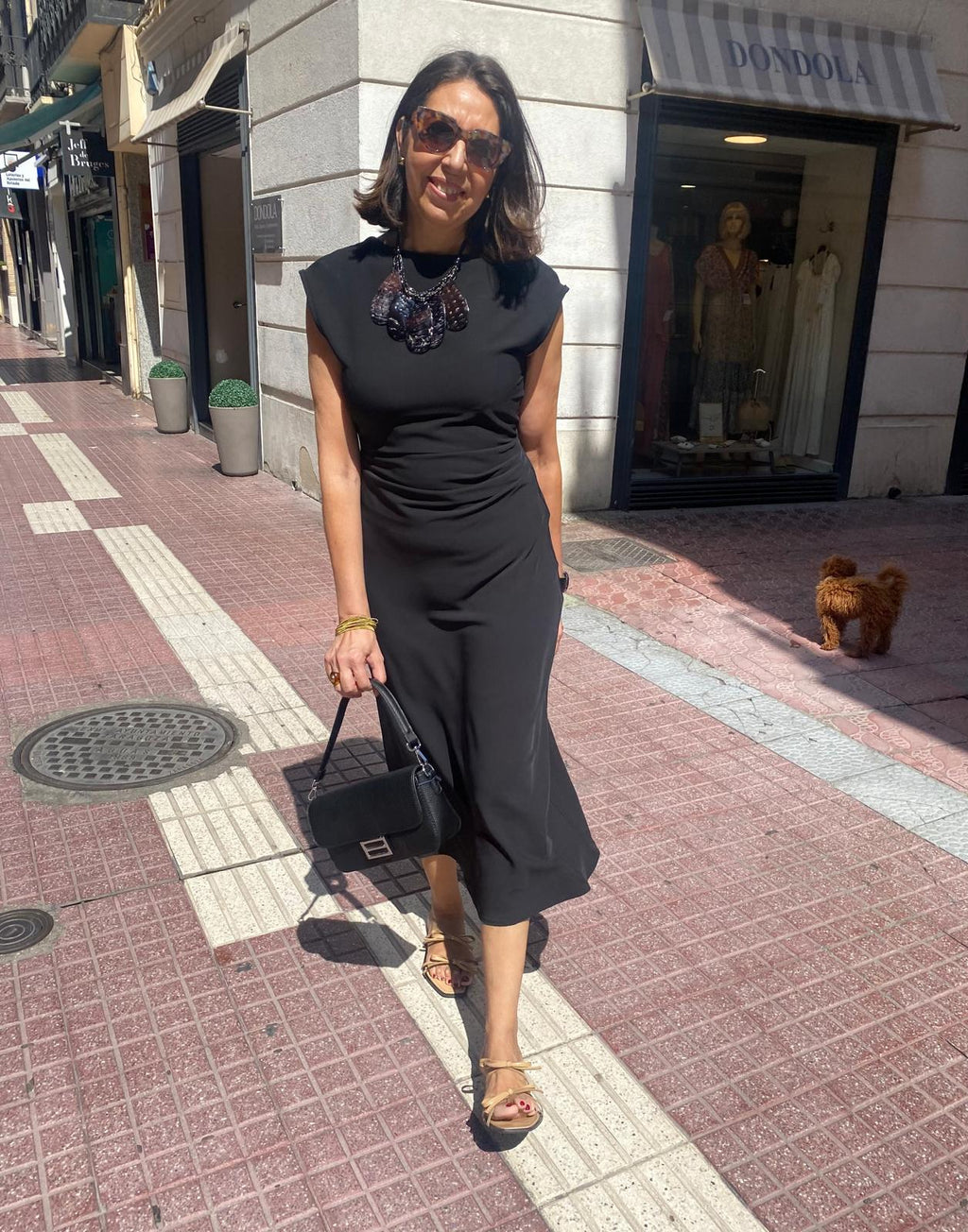 Vestido midi punto roma drapeado cintura DONDOLA