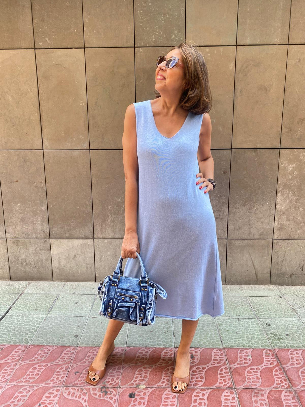 Vestido punto hilo tirante ancho azul celeste DONDOLA