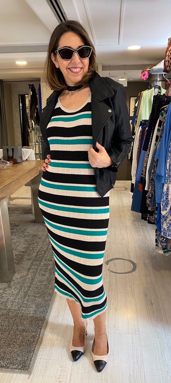 Vestido punto rayas combinadas verde negro “IHMAFA” ICHI