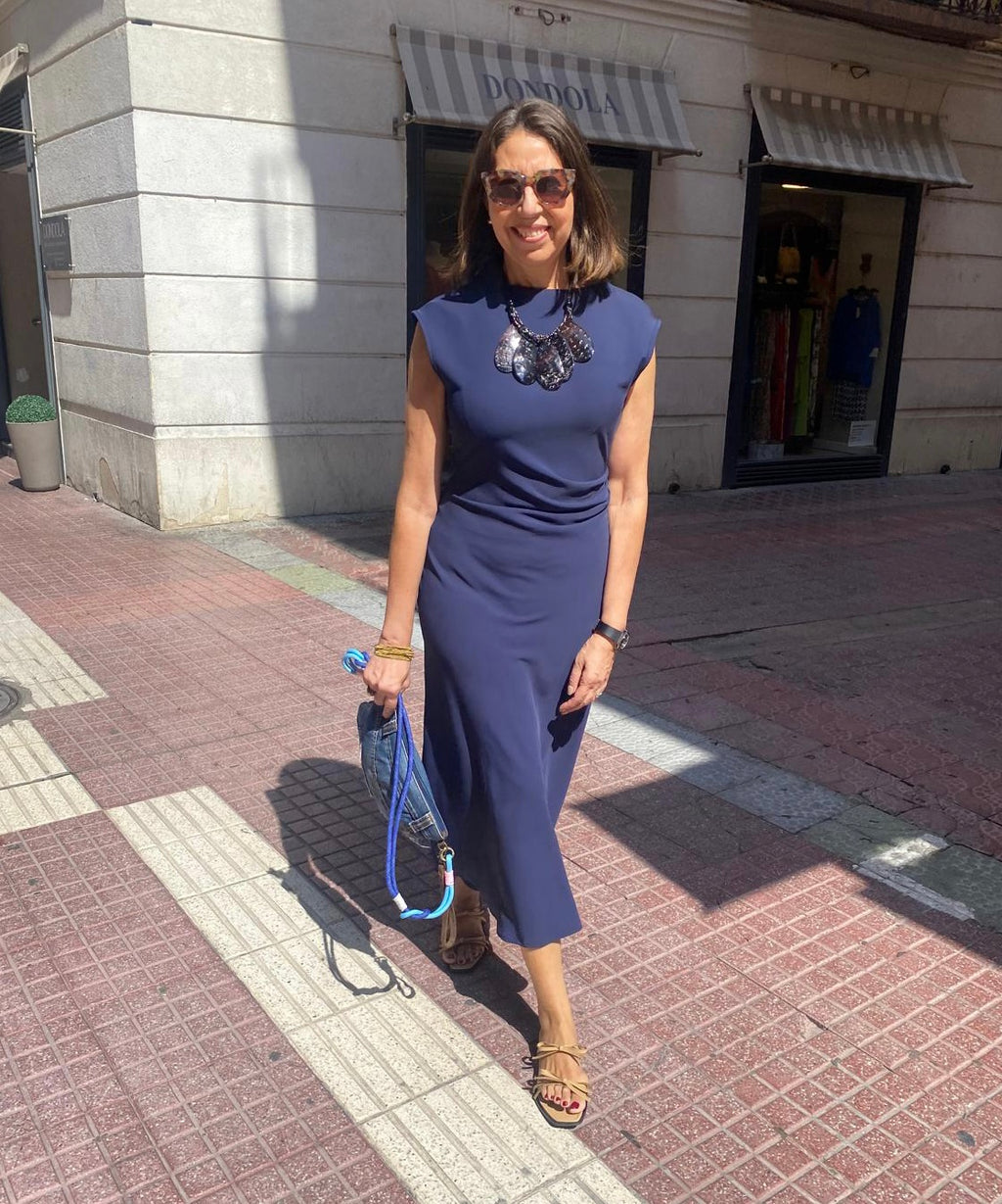 Vestido midi punto roma drapeado cintura DONDOLA