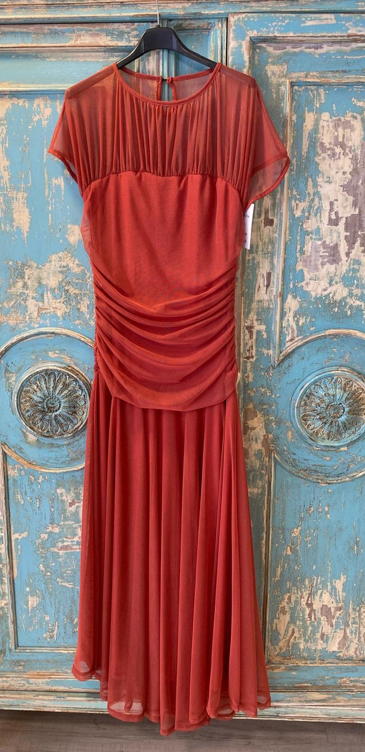 Vestido tul liso escote transparente drapeado cintura DONDOLA