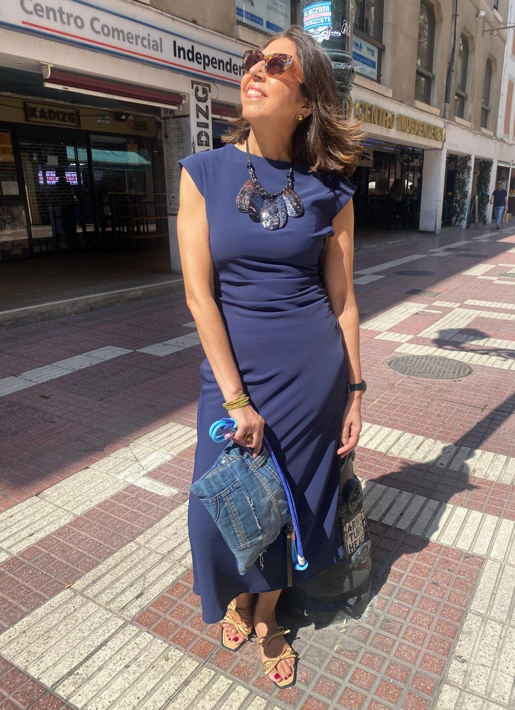 Vestido midi punto roma drapeado cintura DONDOLA