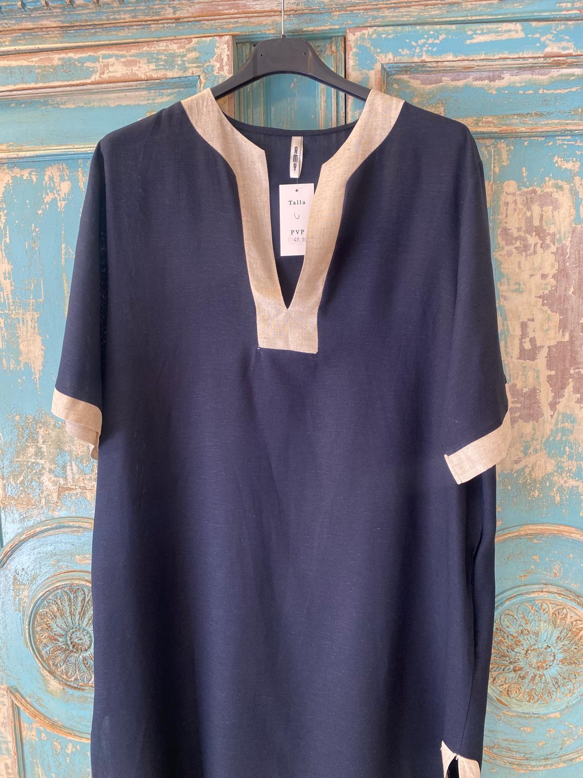 Vestido túnica escote pico combinado lino DONDOLA