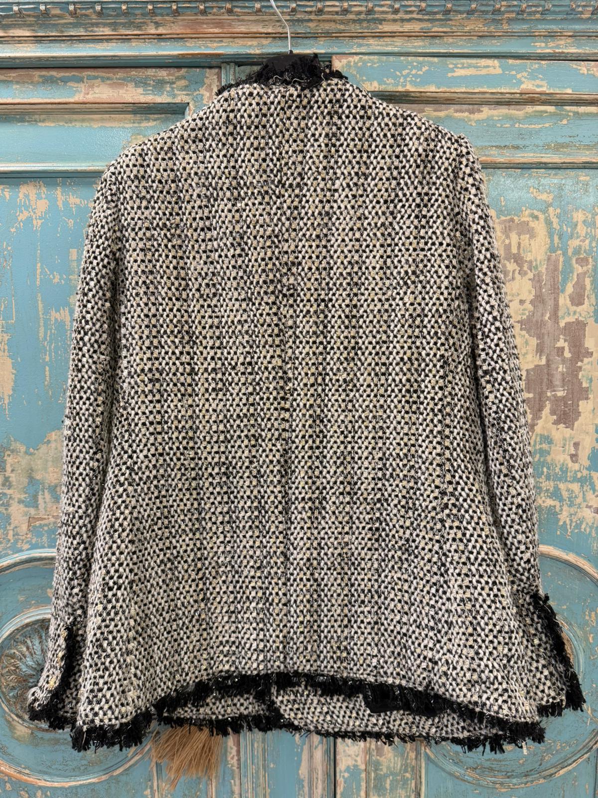 Blazer Tweed con Flecos y Botones Dorados