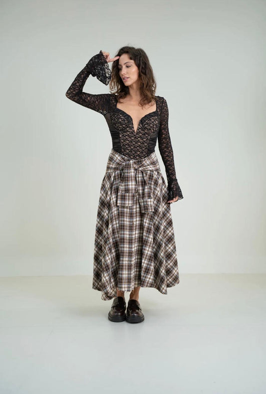 Falda Midi Cuadros Tartán Cinturón Manga de Camisa