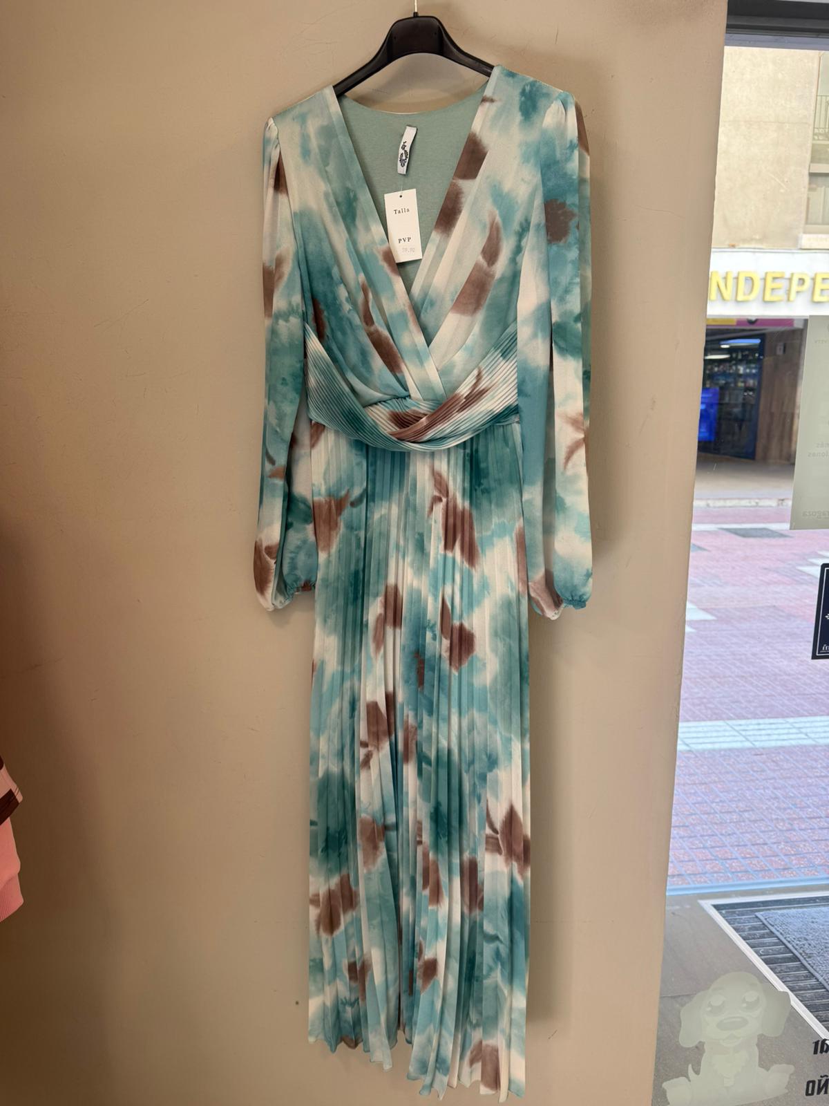 Vestido Largo Plisado Tie-Dye con Escote Cruzado