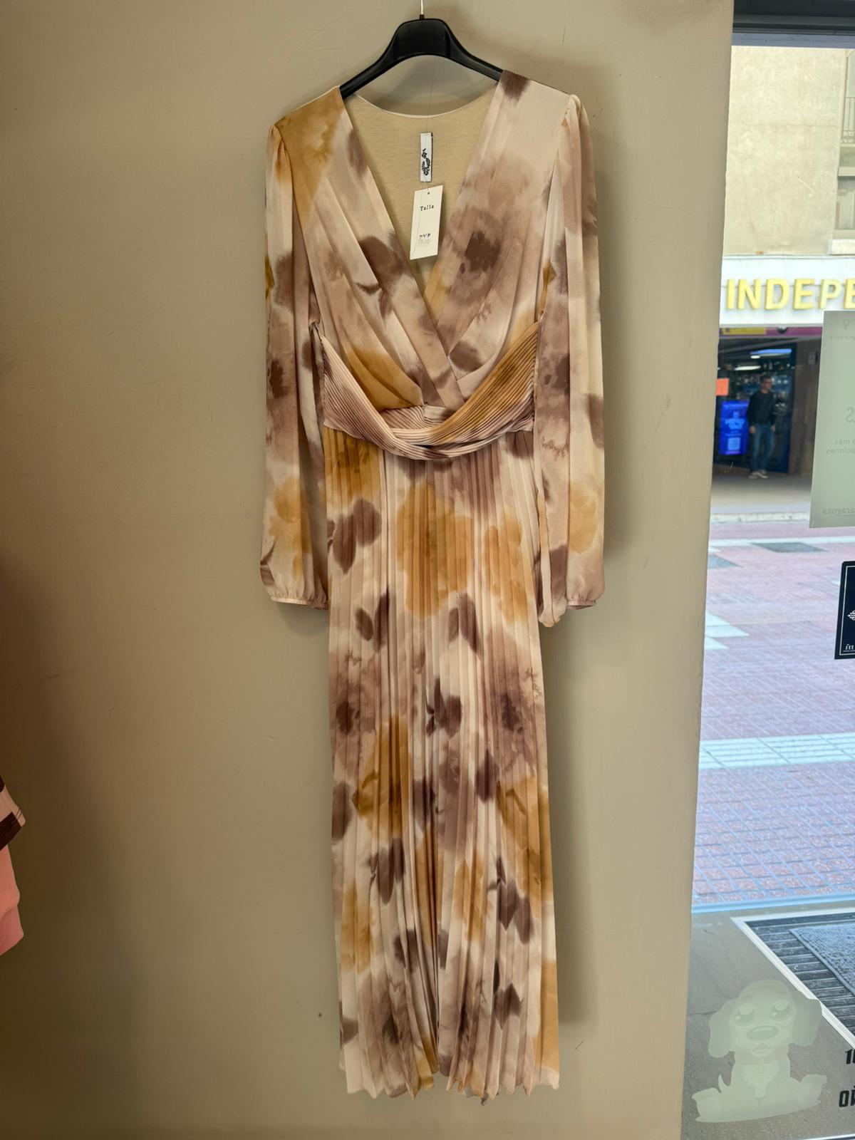 Vestido Largo Plisado Tie-Dye con Escote Cruzado