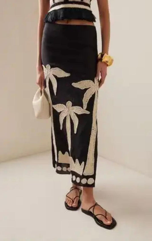 Falda Midi con Bordado de Palmeras