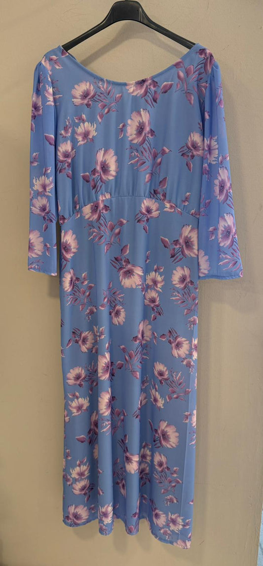 Vestido Gasa Floral Azul y Malva