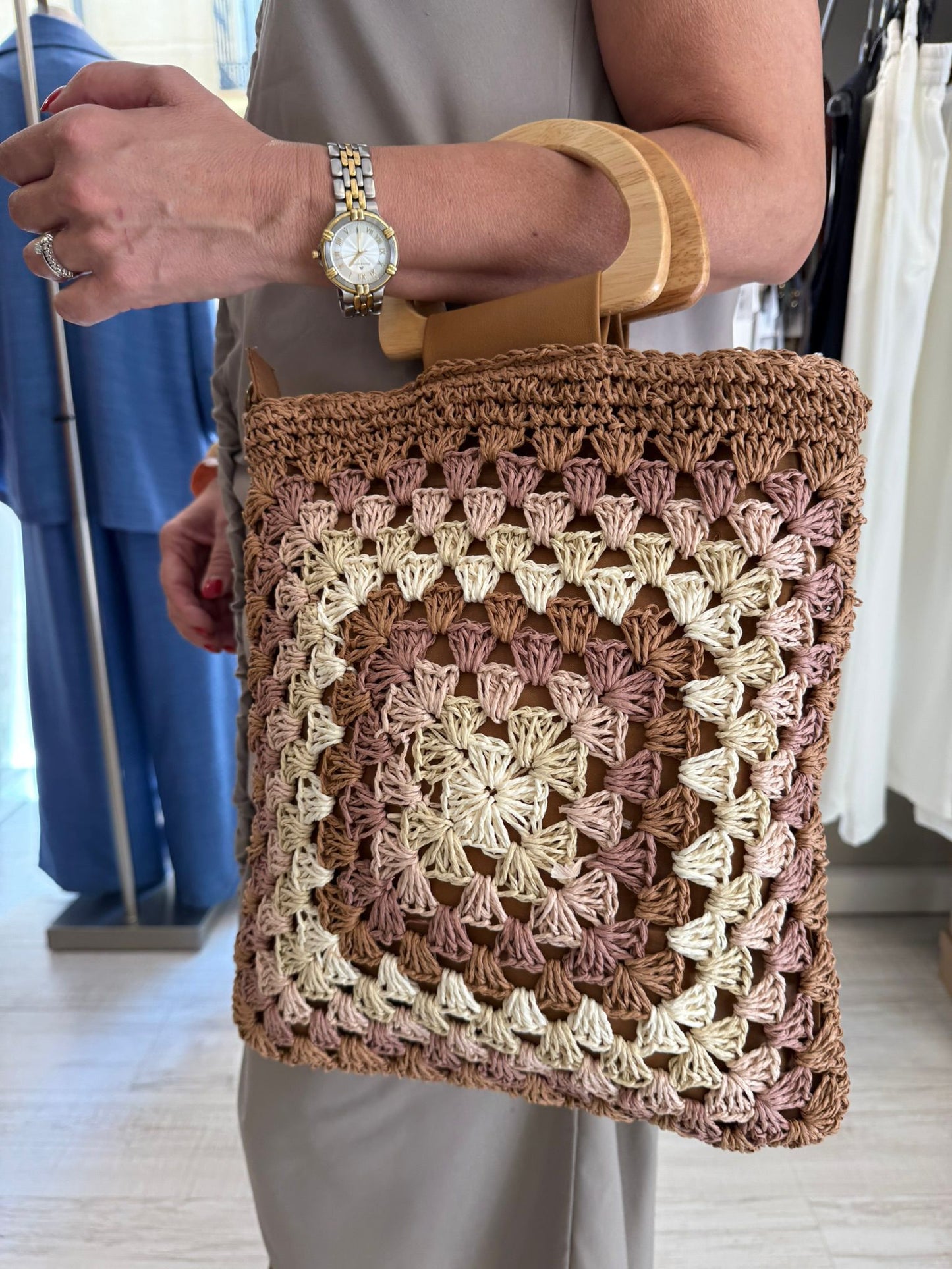 Bolso Crochet Fibra Natural Asas Madera