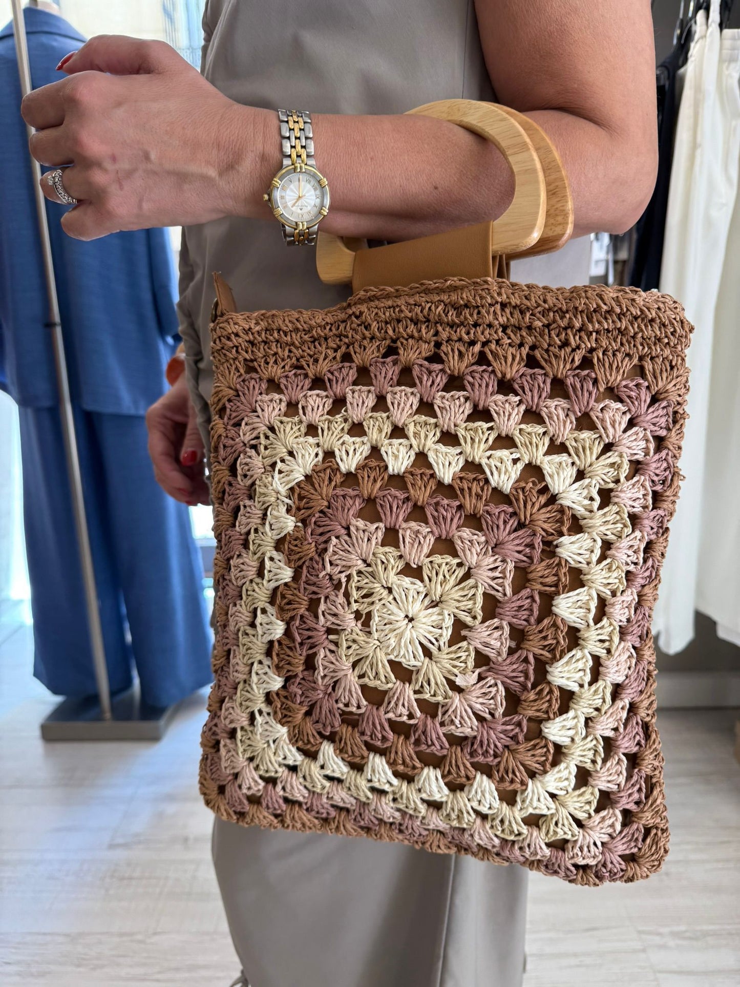 Bolso Crochet Fibra Natural Asas Madera