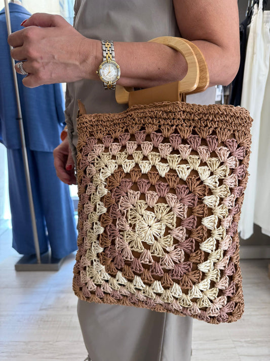Bolso Crochet Fibra Natural Asas Madera